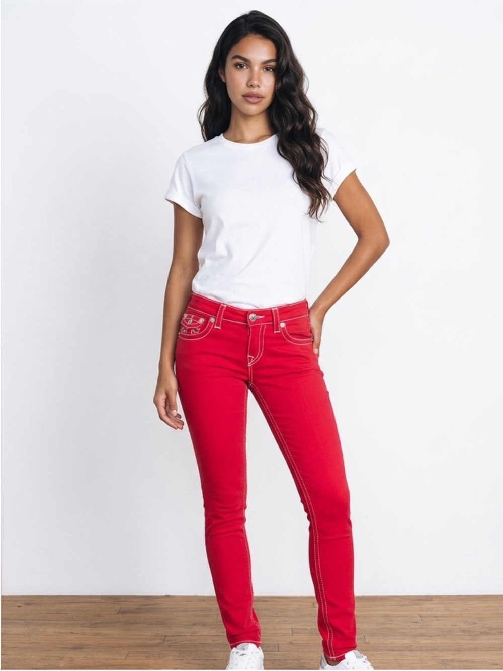 True Religion Women's Bright Red Skinny Jeans with Contrast Stitching